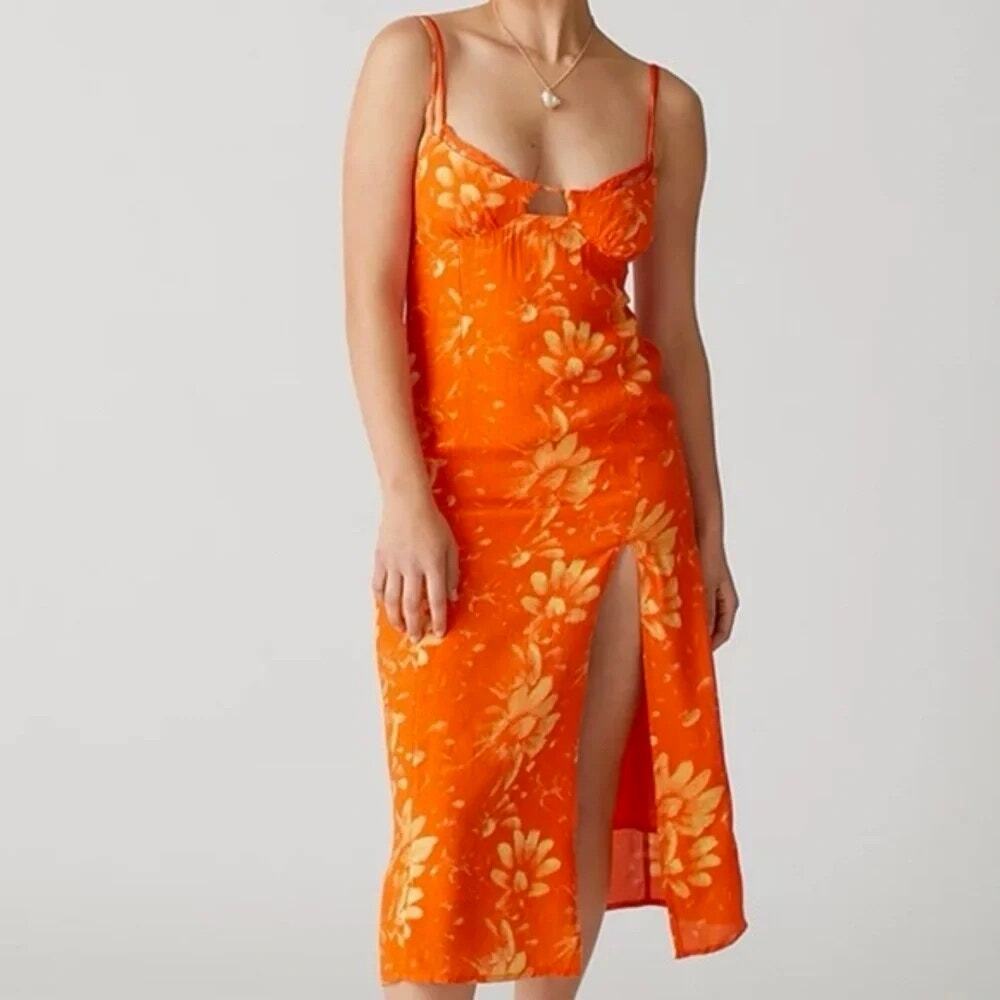 Urban Outfitters Dara Orange Floral Lace Trim Slip Midi Dress M Side Slit Summer